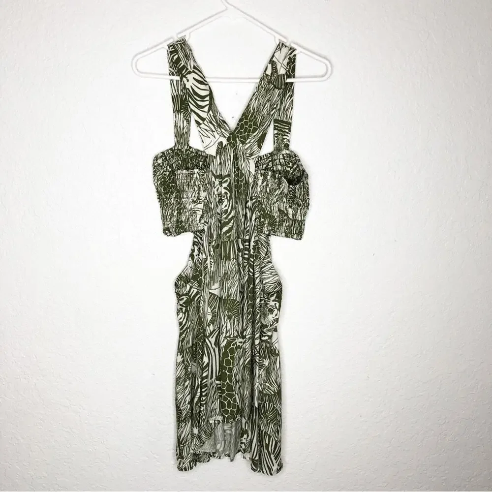 Anthropologie moss green cream safari animal cutout dress size XL Petite NWT